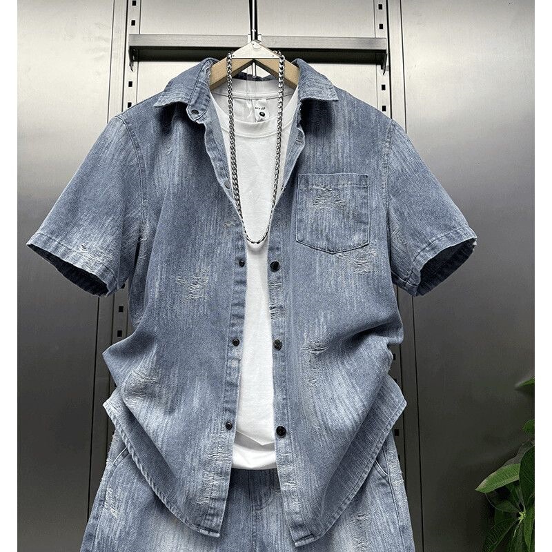 Summer Men's Denim Suit, Short-Sleeved Shirt and Shorts Two-Piece Set, Light Luxury, Casual, Handsome and Versatile Men's Clothing