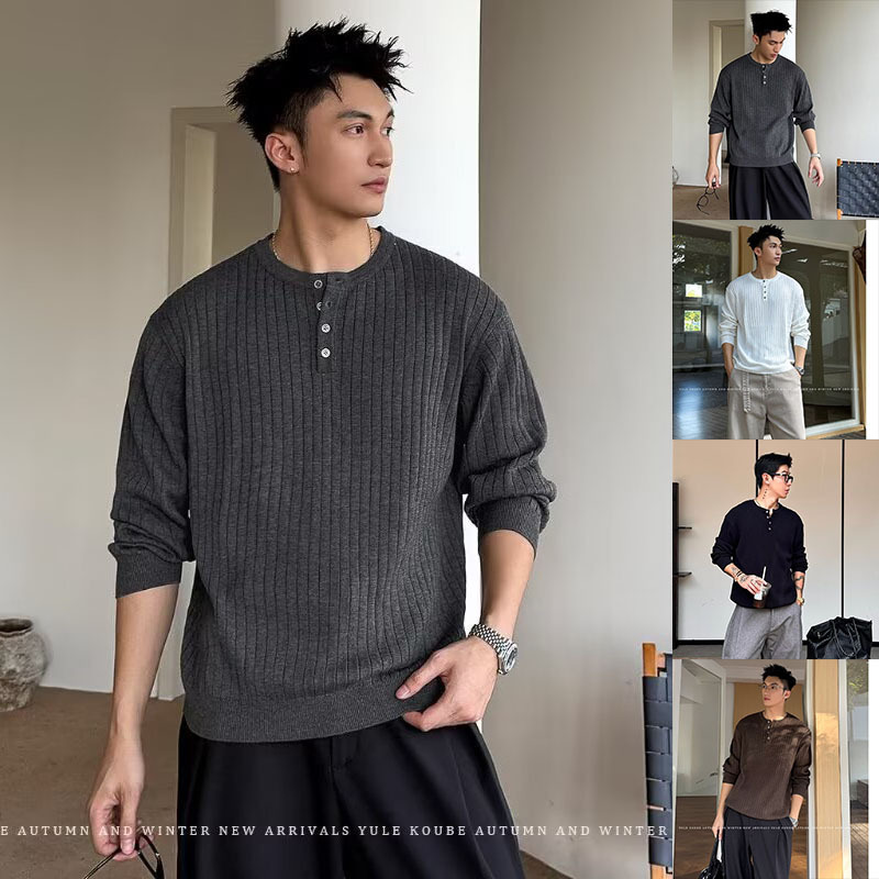 Henry Collar Long-Sleeve Knit Sweater for Men, Autumn and Winter Outerwear with Ribbed Texture, Trendy Cross-Border Wholesale Men's New Year Clothing