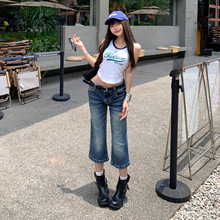 稚橘#潮酷气质辣妹水洗低腰微喇牛仔裤女修身显瘦潮流百搭七分裤