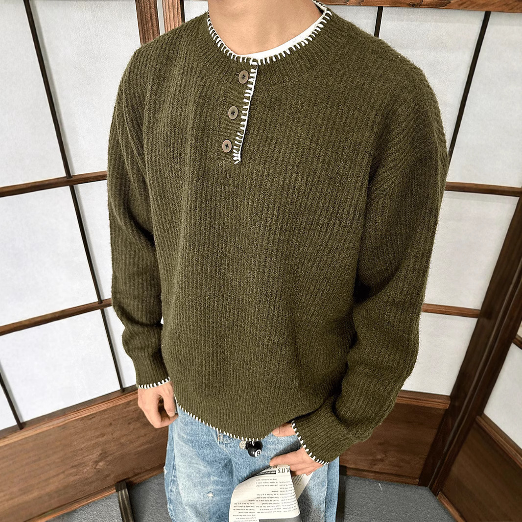 外贸爆款美式复古慵懒风亨利领毛衣男秋冬季新款高级感宽松针织衫