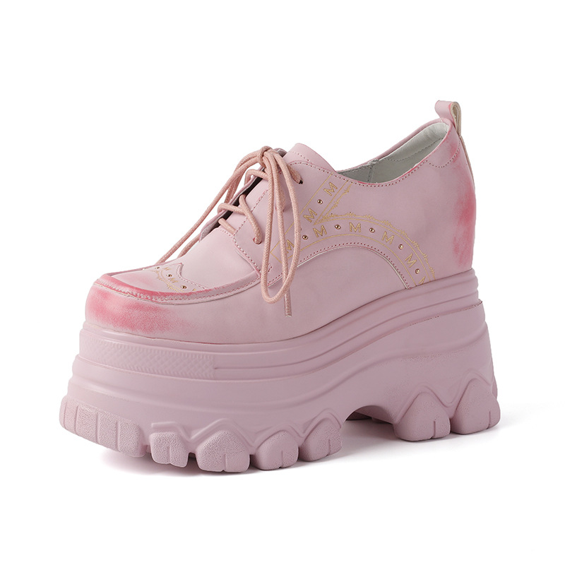 Giày sneaker nữ đế dày phong cách Anh quốc cổ điển, dây buộc, gót 12 cm — màu nâu