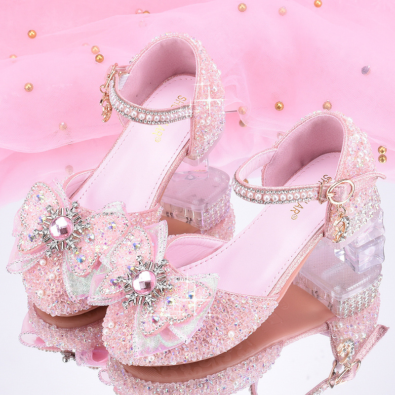 Princess shoes girls white high heels new children high heels little girl crystal shoes stage performance dress shoes