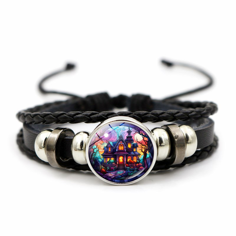 Pulseira de couro em torno do castelo de Halloween, corda de mão com contas de tecelagem masculina, festival fantasma, joias de cabeça de caveira_voghion.com