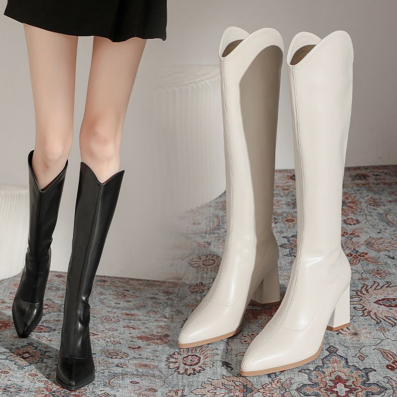 真皮长筒靴女骑士靴2023秋冬新款白色尖头长靴粗跟高筒靴西部靴子