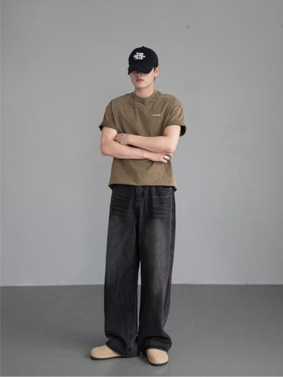 Vintage Wide-Leg Jeans for Men Relaxed Fit Distressed Denim Pants Washed Cotton Blend Mid-Rise Streetwear Staple_viptrois.com