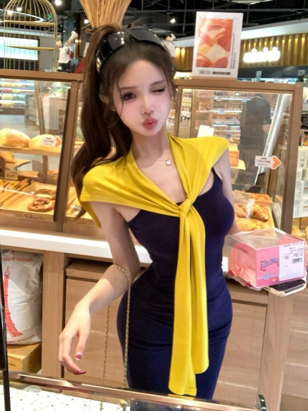 藏蓝色吊带连衣裙女夏季纯欲修身鱼尾长裙显身材收腰包臀裙一整套|undefined
