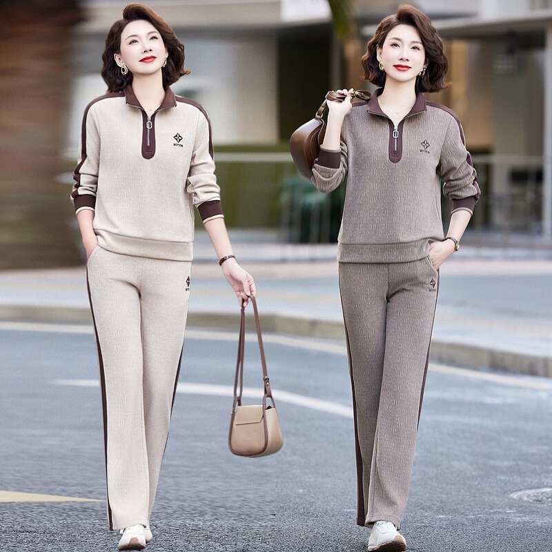 Mom's Autumn Casual Sports Suit Tops Middle-Aged Women's Spring and Autumn Two-Piece Fashion Large Size Sportswear Suit Mom's Autumn Casual Sports Suit Tops Middle-Aged Women's Spring and Autumn Two-Piece Fashion Large Size Sportswear Suit
