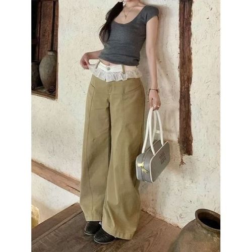 American Retro Patchwork Denim Waist Head Loose Bended Knife Pants for Women, Design Sense High Waist Slimming Straight Leg Wide Leg Pants