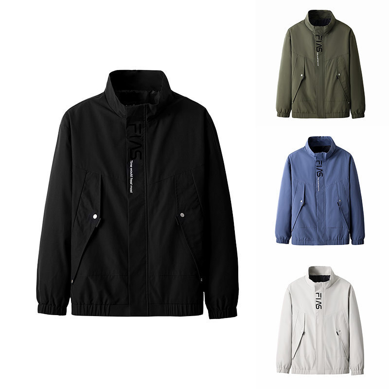 Spring and summer solid color non-hooded coat fashion casual stand collar windbreaker men's side slit pocket loose jacket cross-border Spring and summer solid color non-hooded coat fashion casual stand collar windbreaker men's side slit pocket loose jacket cross-border
