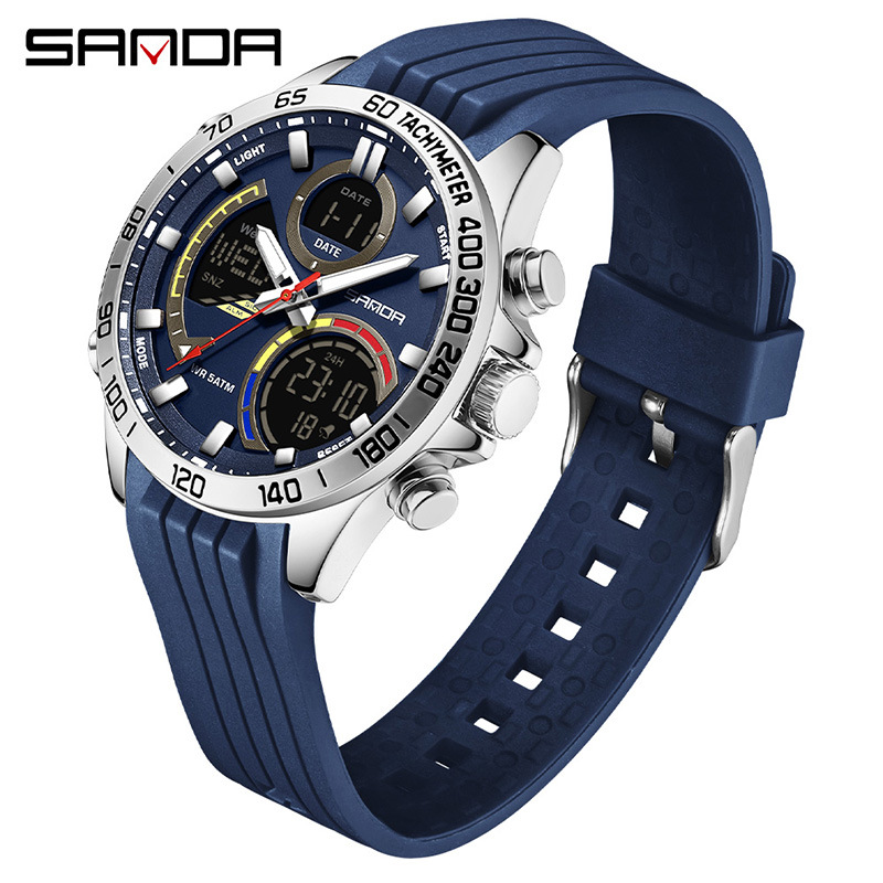 SANDA moda doble pantalla reloj electrónico para hombres multifuncional gran dial reloj de estudiantes de luz nocturna reloj de pulsera