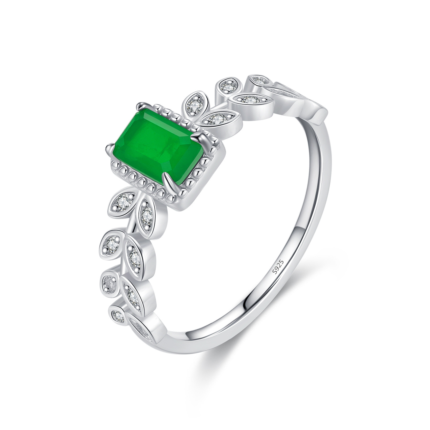 S925 Sterling Silver Vintage Emerald Cut Full Diamond Leaf Ring