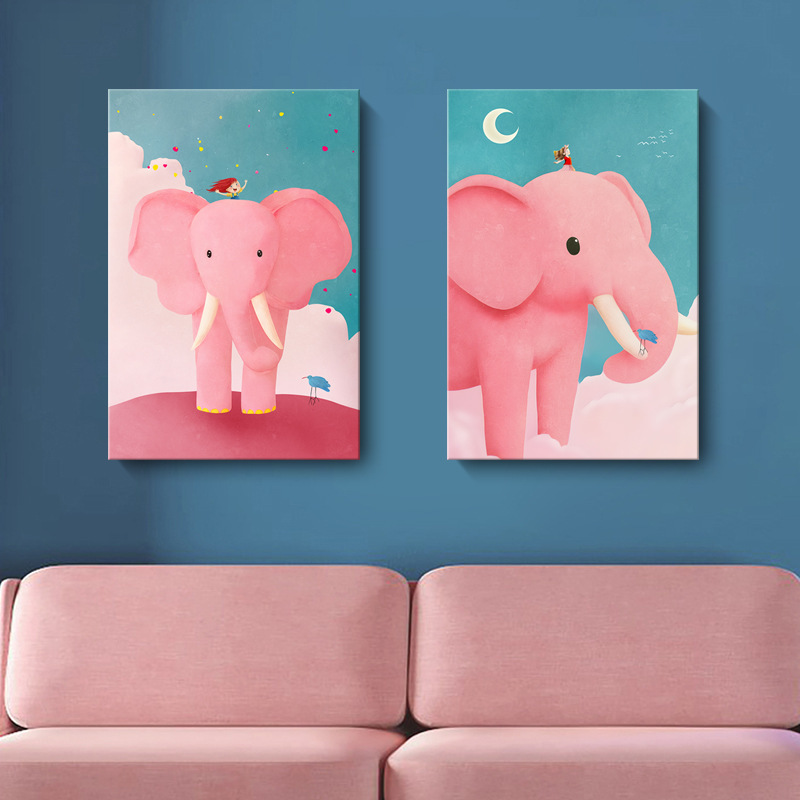 Cartoon Elephant Decorative Painting Scandinavian Kidsren's Room Pink Hanging Painting Baby Bedroom Simple Mural Inner Frame Frameless Painting