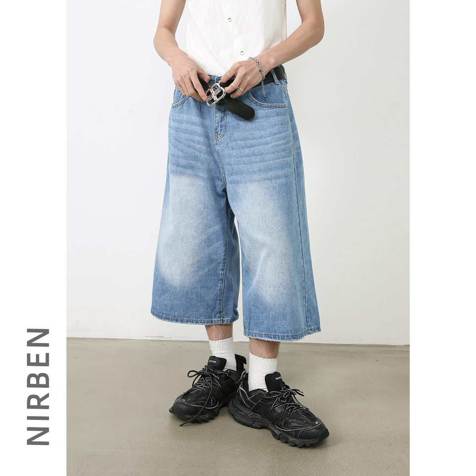 Quần short jean nữ ống rộng lửng cá tính phong cách đường phố — Làm cũ, Màu trắng, Rằn ri, Xanh lam cổ điển