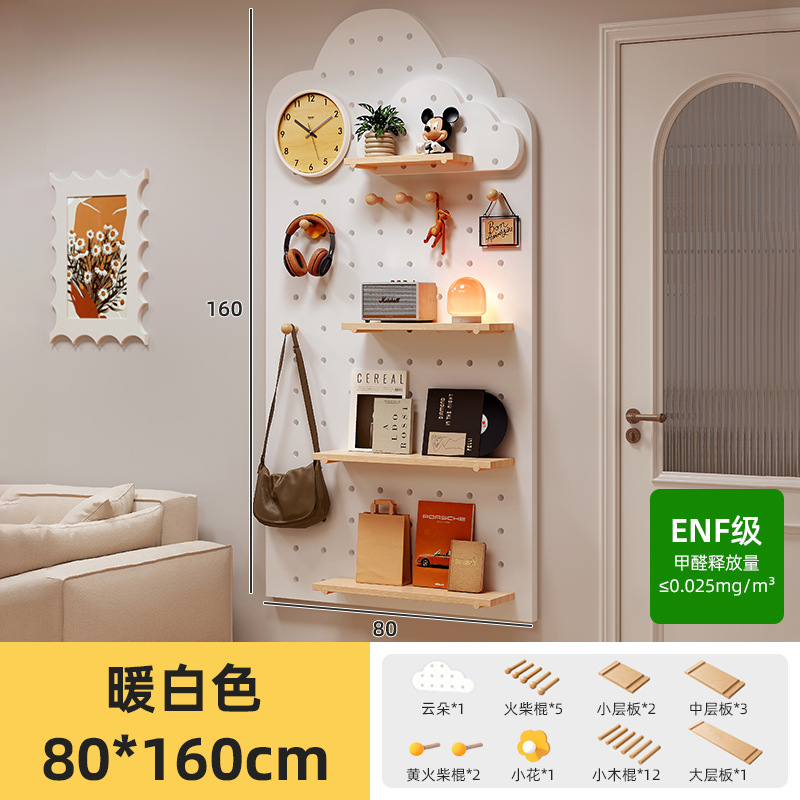 Estante de tablero de agujero de madera maciza, puerta de entrada, percha de pared moldeada, estante de exhibición de pared integrado