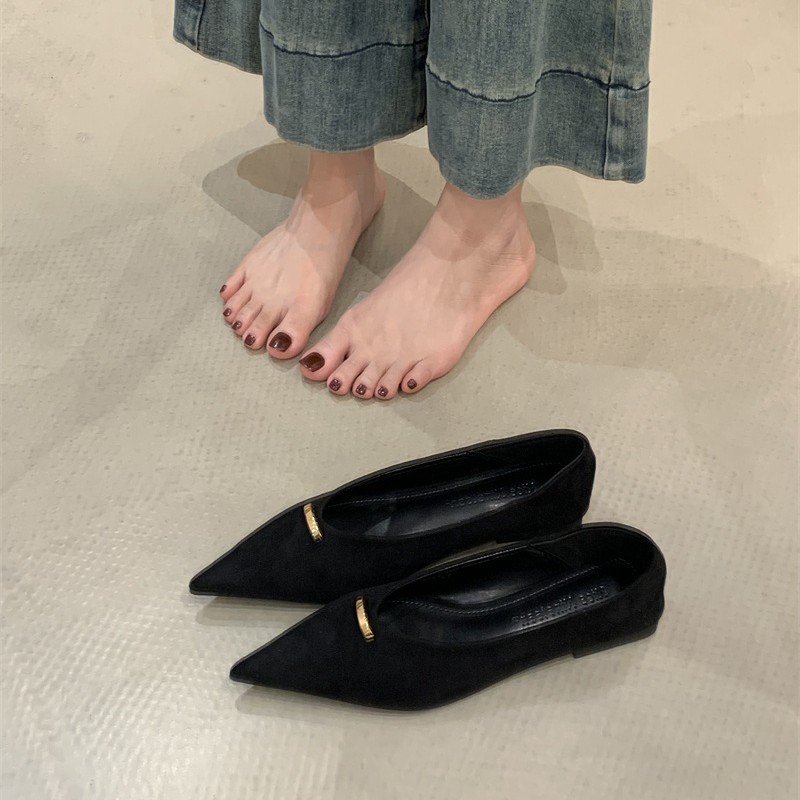 百搭气质通勤不累脚单鞋女2025年新款时尚简约绒面尖头浅口平跟鞋|undefined