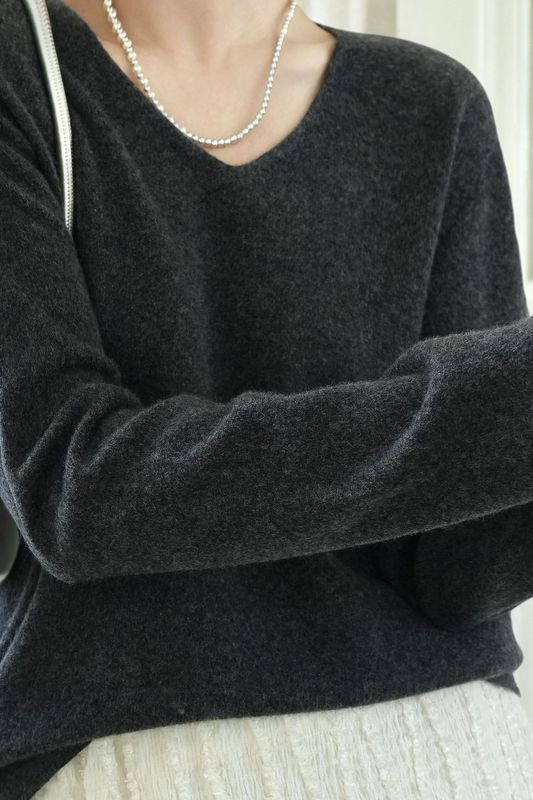 女式羊毛衫V领羊绒羊毛衫女上衣慵懒宽松长袖套头针织打底衫毛衣|undefined