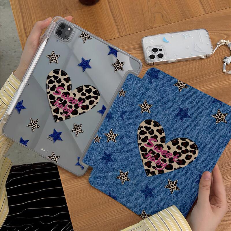Denim-colored heart leopard print tablet protective case for iPad 10/11/12 generation/Air4/5/6/8/10.2 Denim-colored heart leopard print tablet protective case for iPad 10/11/12 generation/Air4/5/6/8/10.2