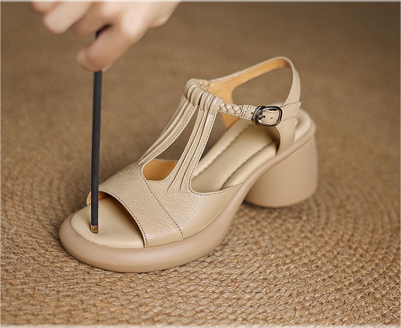 Sandal nữ da cừu mũi cá hở gót, đế dày gót thô 9 cm, quai ngang một dây — đen chi tiết 1