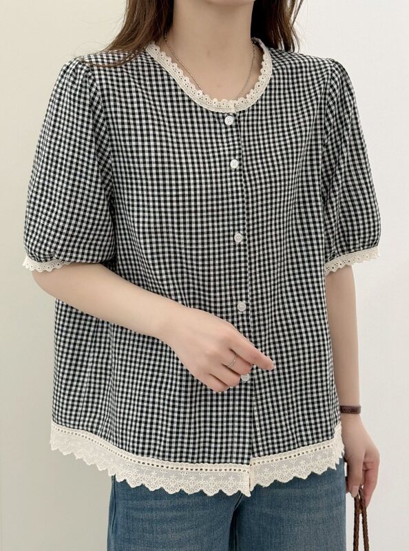 2026 Summer New Style Plaid Lace Loose Women's Cardigan Short-Sleeved Shirt Wholesale 2026 Summer New Style Plaid Lace Loose Women's Cardigan Short-Sleeved Shirt Wholesale