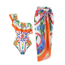 2025欧美外贸新款比基尼亚马逊单肩荷叶边连体泳衣女保守裙式泳装