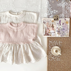 Cutemily童裝女嬰短袖套頭鏤空上衣薄款可愛圓領繡花花邊a擺短袖