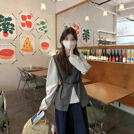 设计感不规则开叉叠穿坎肩马甲长袖衬衫2026女春秋新款时尚套装潮