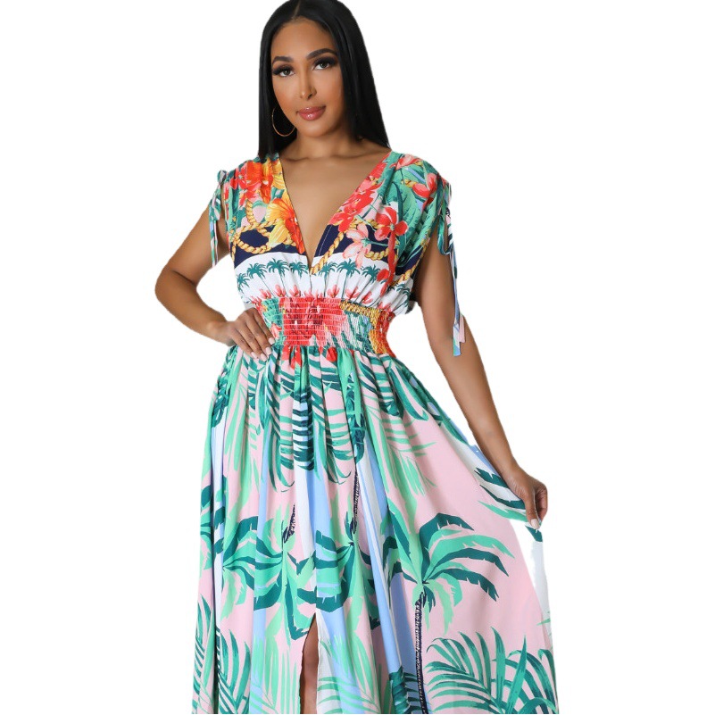 HX0244 elegante abrigo perezoso hoja impresión adelgazar manga vestido de encaje