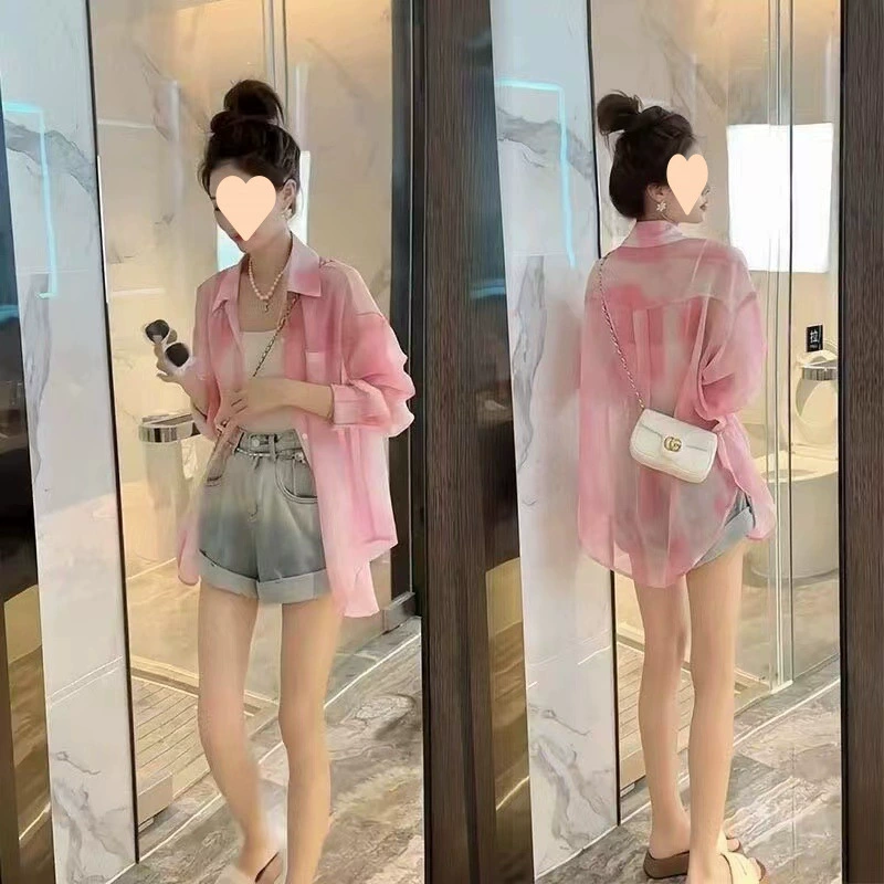 Розовая рубашка с отворотом для женщин летом 2025 новый шифоновый топ средняя длинная свободная повседневная куртка