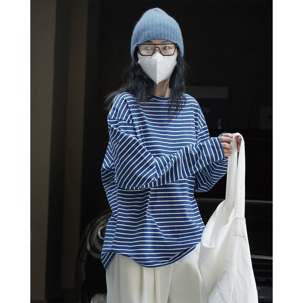 Весенняя новая корейская стильная простая ретро-полосатая футболка с круглым вырезом, свободный утягивающий повседневный топ с длинными рукавами для женщин