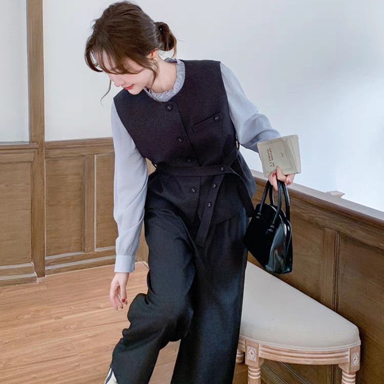 超火收腰马甲阔腿裤套装女春秋三件套韩系超火减龄穿搭设计感|undefined