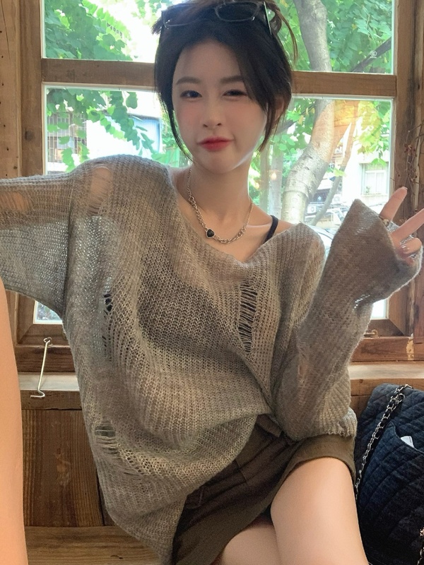 春秋新款镂空针织女装上衣薄款外搭慵懒风法式宽松空调衫潮防晒衫|undefined