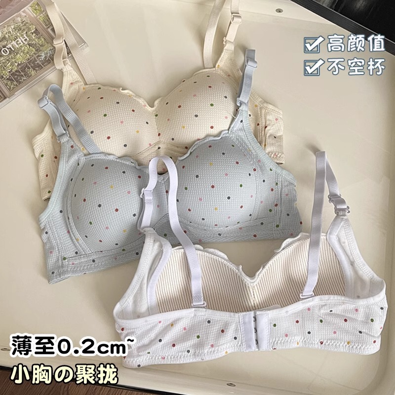 Underwear Women's Small Chest Gathering No Steel Ring Summer Thin Student High School Student Girl Bra Wave Dot No Mark Bra