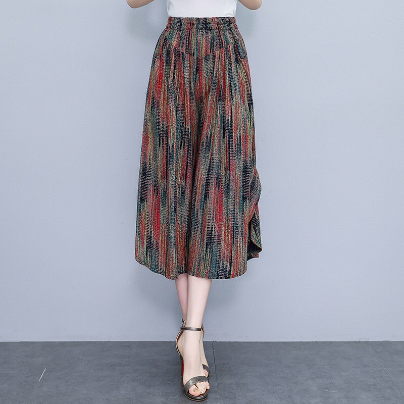 Large floral cropped skirt pants summer new slimming cotton high waist thin elastic waist wide leg pants Sanya travel