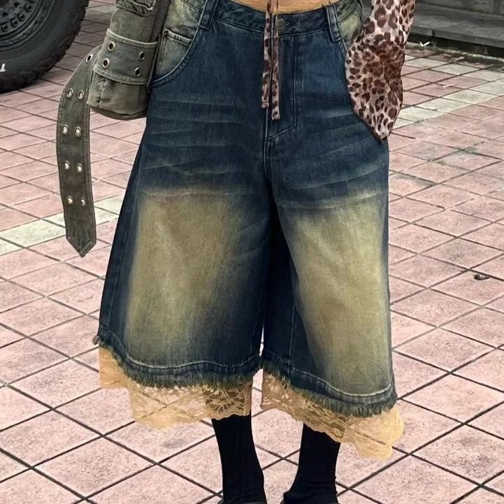 美式复古大码水洗做旧蕾丝拼接牛仔七分裤女街头辣妹宽松腿裤潮