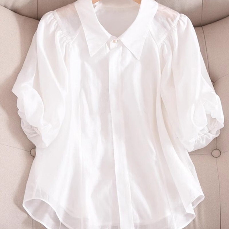 Silk-Like Light Luxury Puff Sleeve Babydoll Shirt, White Blouse for Women, Summer Versatile Design, Silk Top Silk-Like Light Luxury Puff Sleeve Babydoll Shirt, White Blouse for Women, Summer Versatile Design, Silk Top