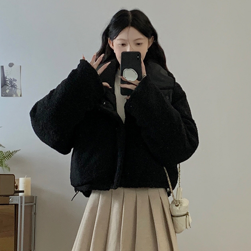 学院风翻领外套女韩版仿羊羔毛羽绒棉服宽松双面穿面包服外搭棉衣|undefined