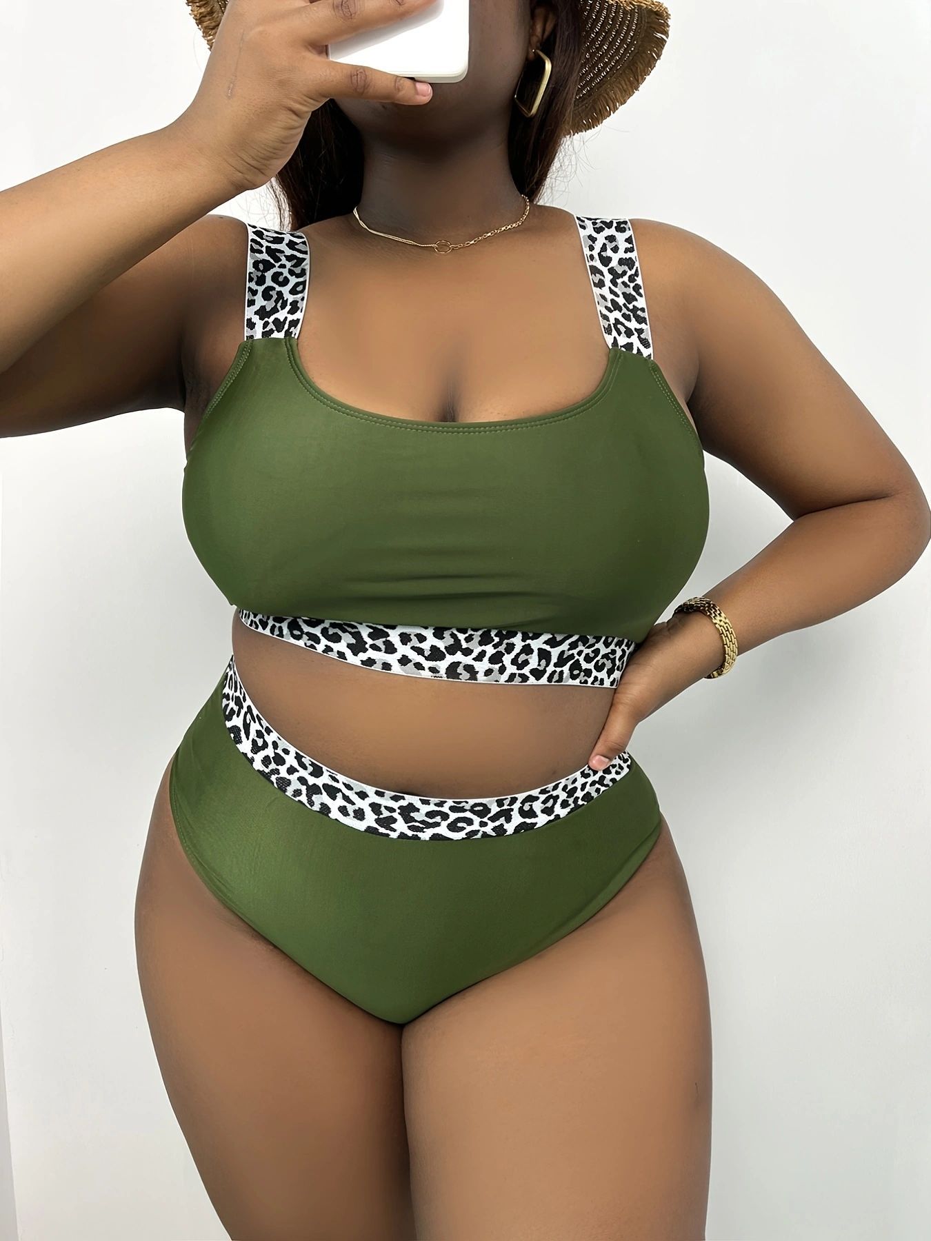 New European American Style Plus-Size Tank Top Bikini With Solid Color And Leopard Print, High-Waisted, Popular On_ecoleips.com