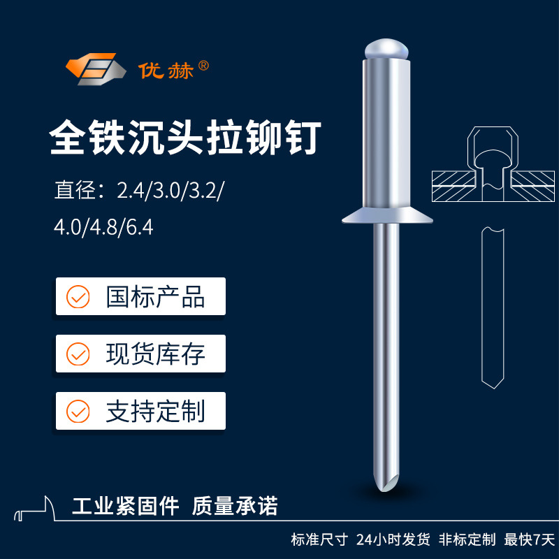 钢铆钉全铁开口型沉头抽芯铆钉GB12617环保彩锌蓝白平头铁拉铆钉