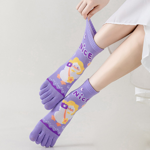 Five-toed socks for women spring and summer cotton socks cartoon cute split toes breathable sweat-absorbent anti-athlete socks mid-tube socks