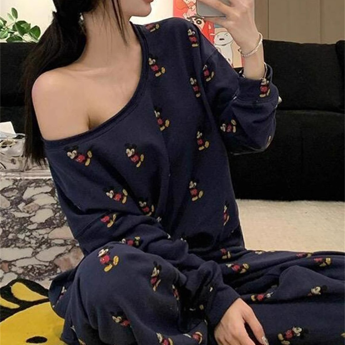 Trendy Niche Off-Shoulder Pajamas for Women, Spring, Autumn, Winter Long-Sleeve Long Pants Mickey Wide-Leg Pants Loungewear Set