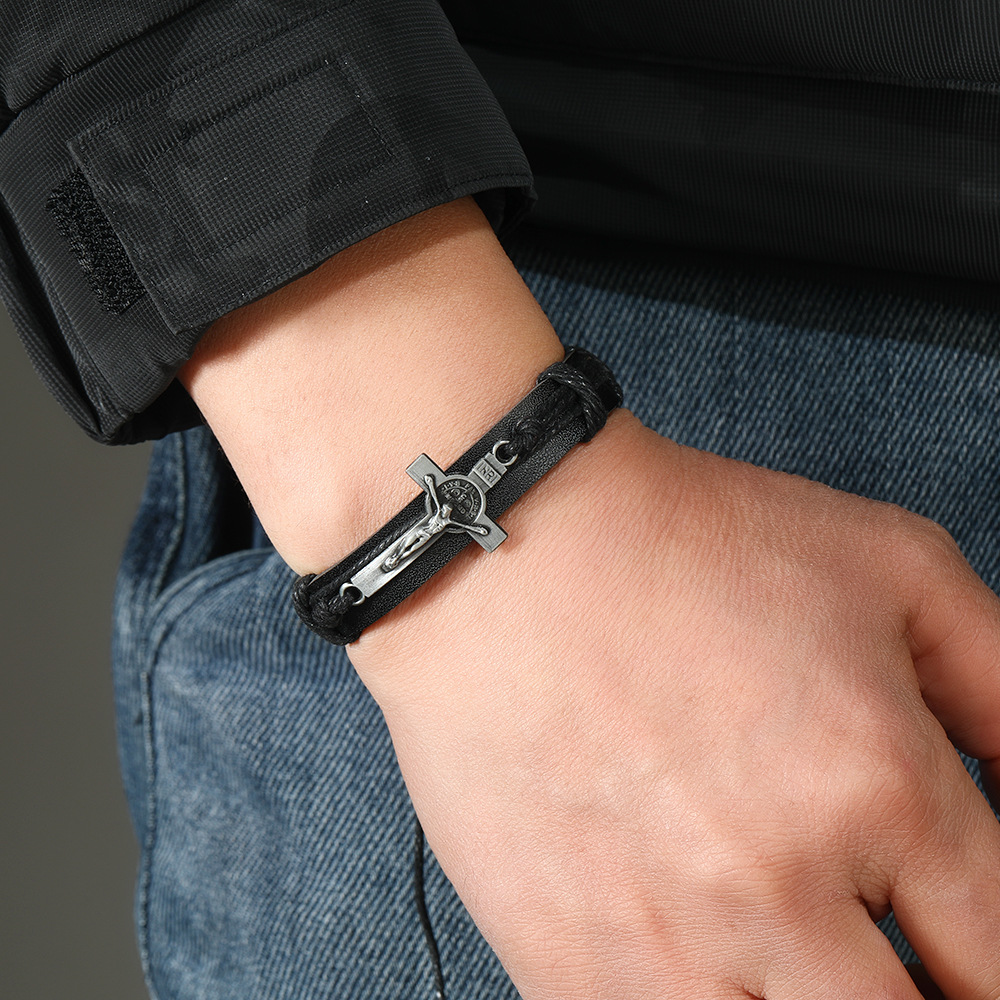 Cross Pattern Retro Cross Pu Leather Alloy Knitting Men's Bangle Men Cord & Leather Bracelets
