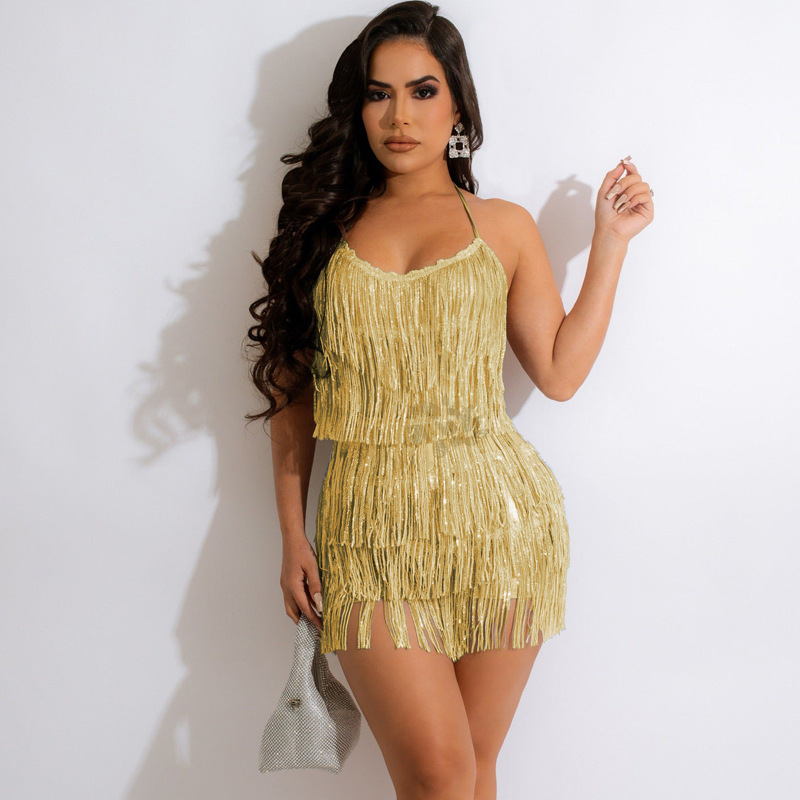 Cross-border European and American Foreign Trade Women's Fashion Sexy Nightclub Style Tassel Stitching Sequins Lace-up Neck Party Jumpsuit Cross-border European and American Foreign Trade Women's Fashion Sexy Nightclub Style Tassel Stitching Sequins Lace-up Neck Party Jumpsuit