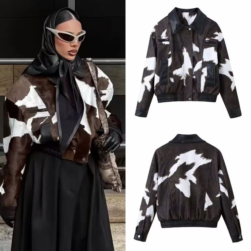 Keyi Cross-Border Supply 2025 Winter New European and American Style Fashionable Cow Pattern Printed Leather Short Jacket Jacket