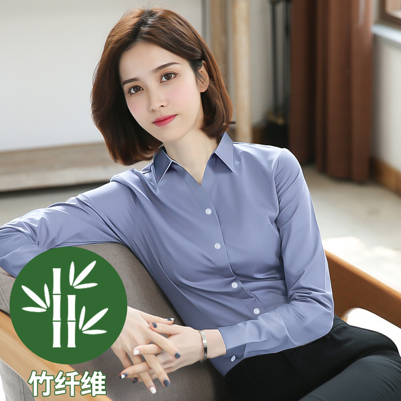 白い長袖シャツ 女性用 オフィスウェア ワークウェア 竹繊維 Vネック 小衿 白シャツ 卸売|undefined
