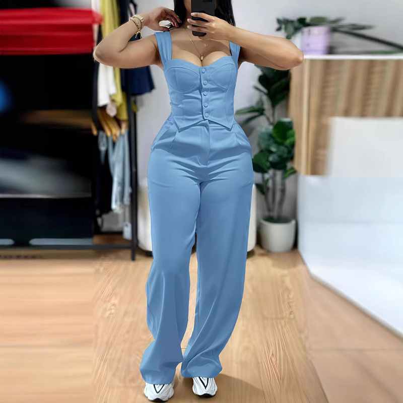 2025 European and American Foreign Trade Women's Elegant Sling Short Tight Vest Casual Wide Leg Pants suit