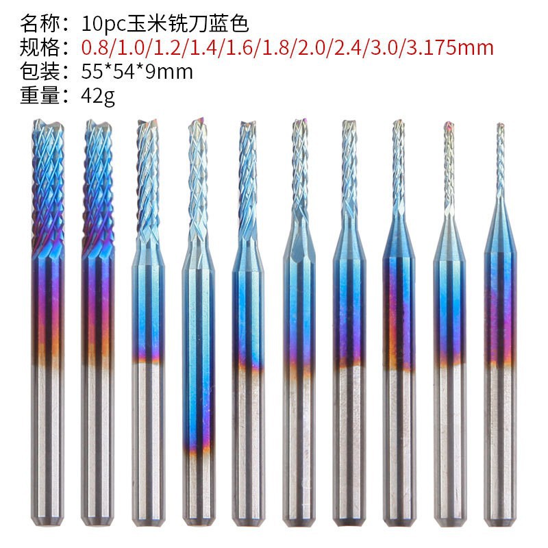 10 개 세트 블루 옥수수 밀링 커터 0.8-3.175mm