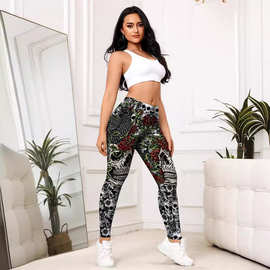 万圣系列玫瑰花骷髅头印花运动裤 女士修身打底裤直销 Lgs-4084