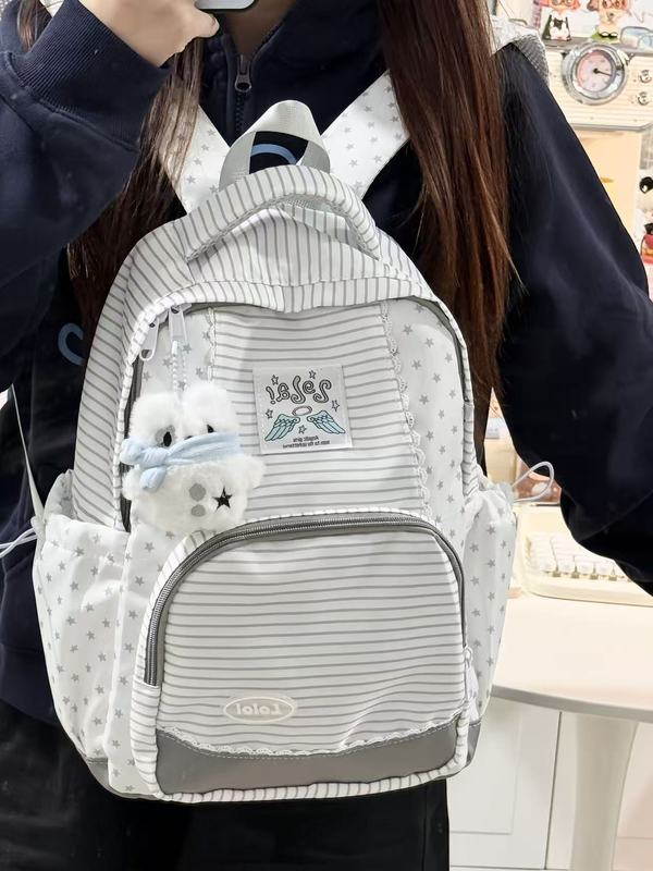 新款ins风简约大容量轻便双肩包条纹星星设计感背包百搭小众书包|undefined