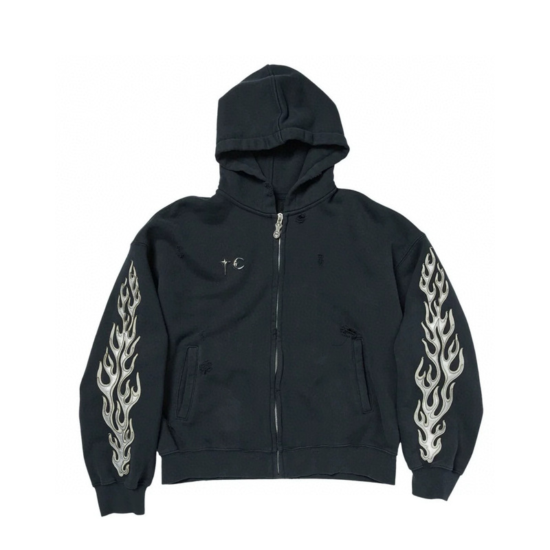 Thug Club 25Fw Distressed Flame Gothic Logo Embroidered Patchwork Zip-Up Hoodie Jacket Thug Club 25Fw Distressed Flame Gothic Logo Embroidered Patchwork Zip-Up Hoodie Jacket