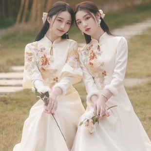 Champagne Bridesmaid Dress Summer Chinese Cheongsam 2024 New Sisters Elegant Dress Women's Thickened Warm Long Sleeve